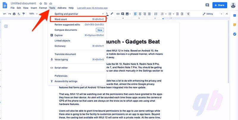 How to check word count in Google Docs on desktop