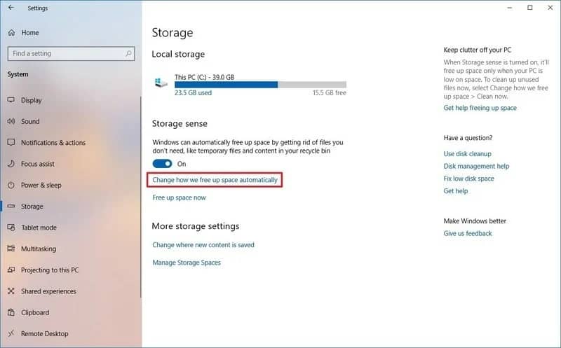 How to delete Windows.old folder using Storage sense settings
