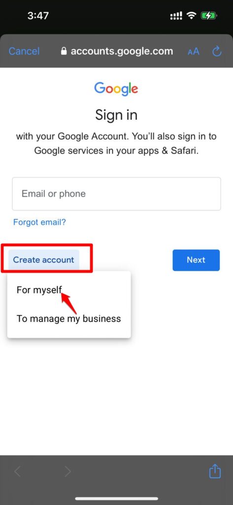 Sign up For Gmail Account on Mobile Phone App
